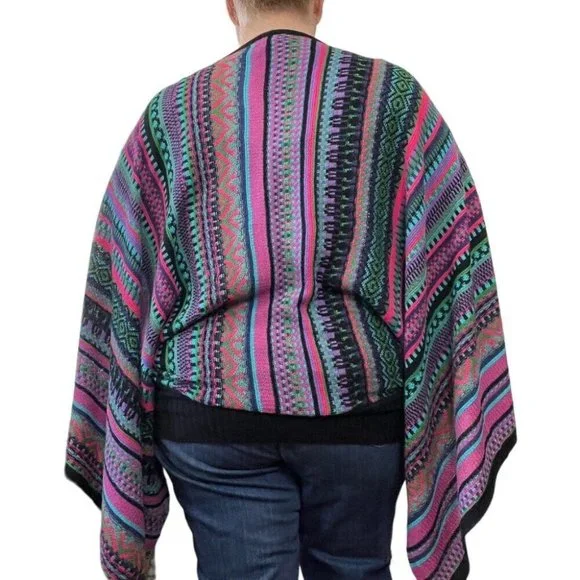Novica Womens Striped Batwing Poncho Lightweight Sweater Aztec Boho Tribal - Picture 3 of 7